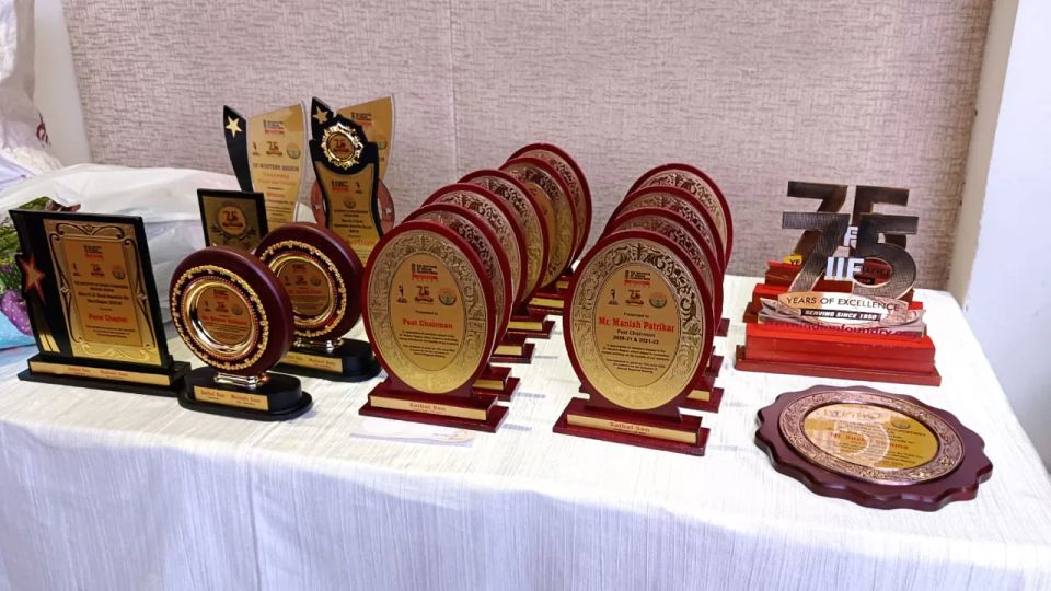 Display of trophies and plaques prepared for an Institute of Indian Foundrymen awards ceremony