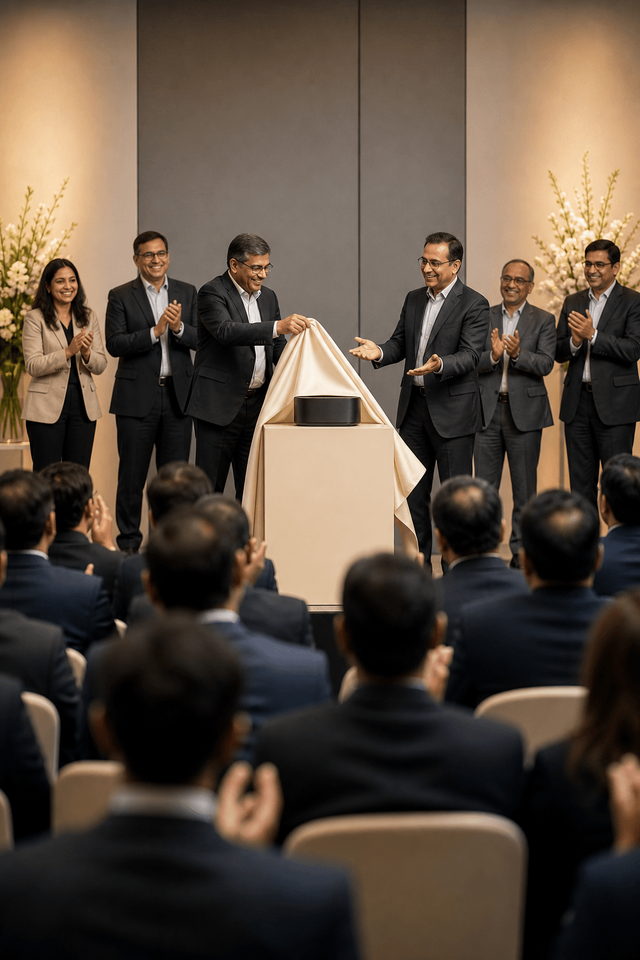 Corporate product launch with executives unveiling a new product on stage as the audience applauds