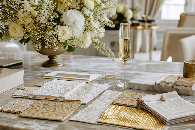 Luxury event consultation mood board with ivory fabrics, brass accents and florals