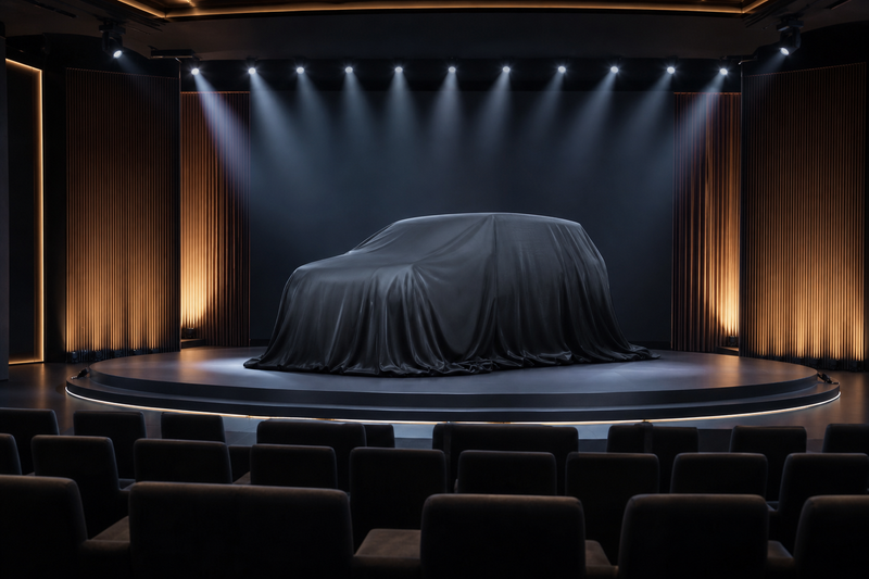 Dramatic product launch stage with a veiled reveal and cinematic lighting